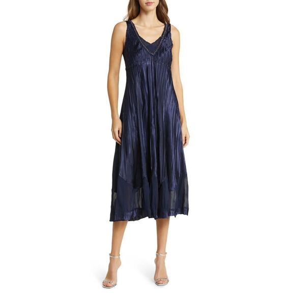 KOMAROV Women's Navy Beaded Charmeuse & Chiffon Tiered Midi Dress Size L NWT - Picture 1 of 13